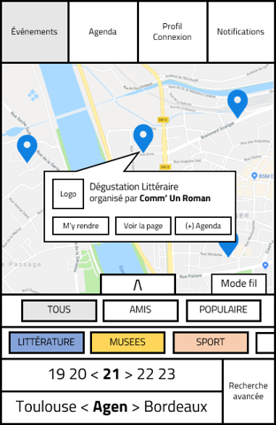 Maquette de la vue événement au format carte de l'application Wawee